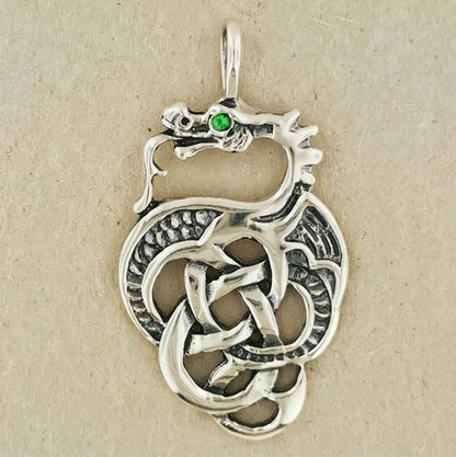 Celtic Dragon Pendant in Sterling Silver with Birthstone Eye, Birthstone Dragon Pendant Necklace, Birthstone Silver Pendant, Silver Dragon Pendant, Celtic Dragon Pendant, Silver Dragon Jewelry, Silver Birthstone Pendant, Sterling Silver Dragon