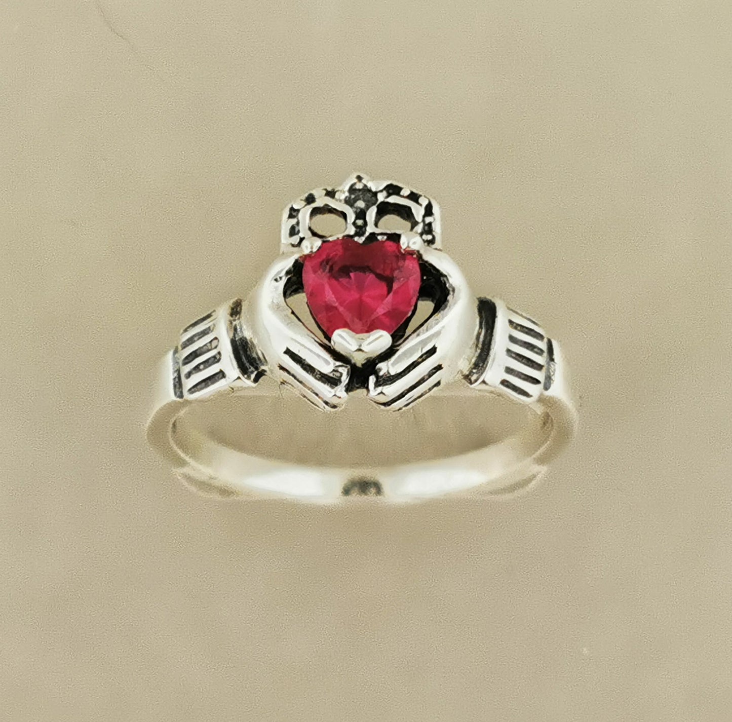 925 Silver Claddagh Ring with Synthetic Ruby, Irish Claddagh Ring with Ruby Heart, Celtic Claddagh Ring Gift For Her, Ladies Irish Love Ring, Sterling Silver Claddagh Ring with Chatham Ruby Heart