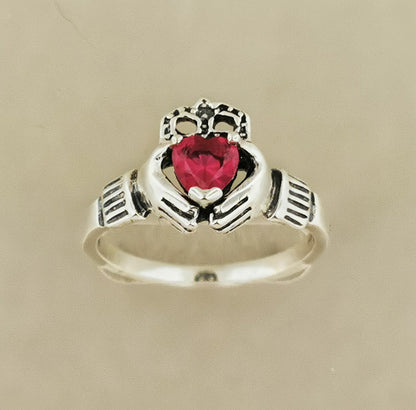 925 Silver Claddagh Ring with Synthetic Ruby, Irish Claddagh Ring with Ruby Heart, Celtic Claddagh Ring Gift For Her, Ladies Irish Love Ring, Sterling Silver Claddagh Ring with Chatham Ruby Heart