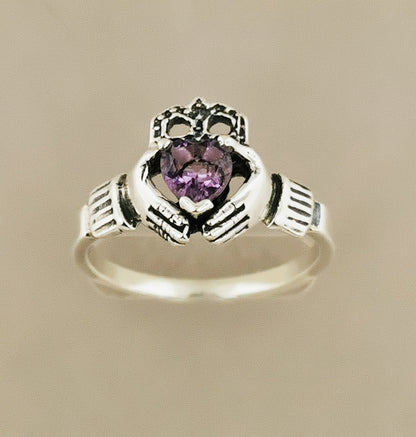 Sterling Silver Claddagh Ring with Gemstone Heart
