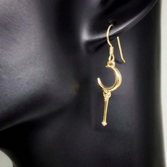 Crescent Moon Wand Charm Earrings Gold Made To Order - Le Dragon Argenté