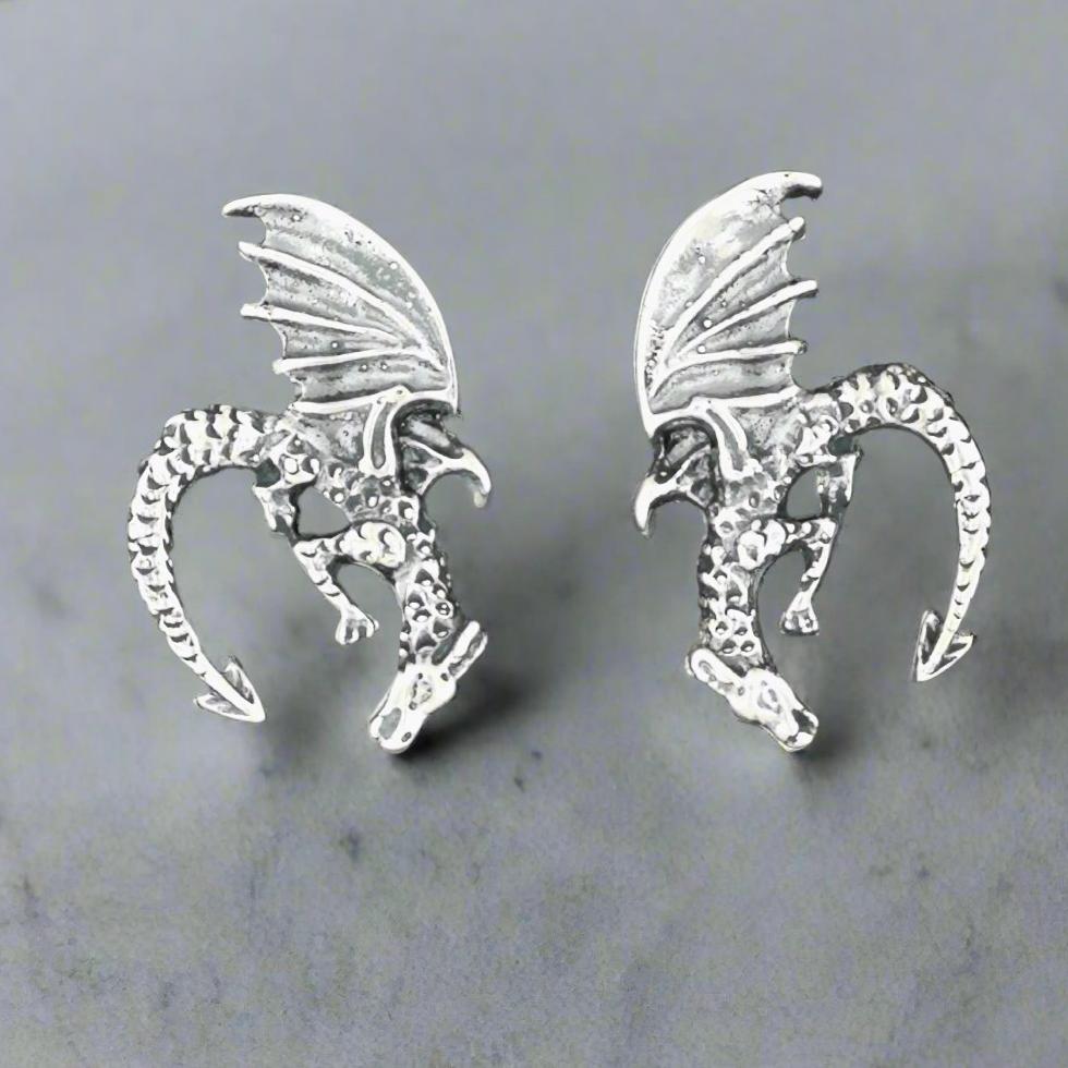 Diving Dragon Stud Earrings in Sterling Silver - Le Dragon Argenté