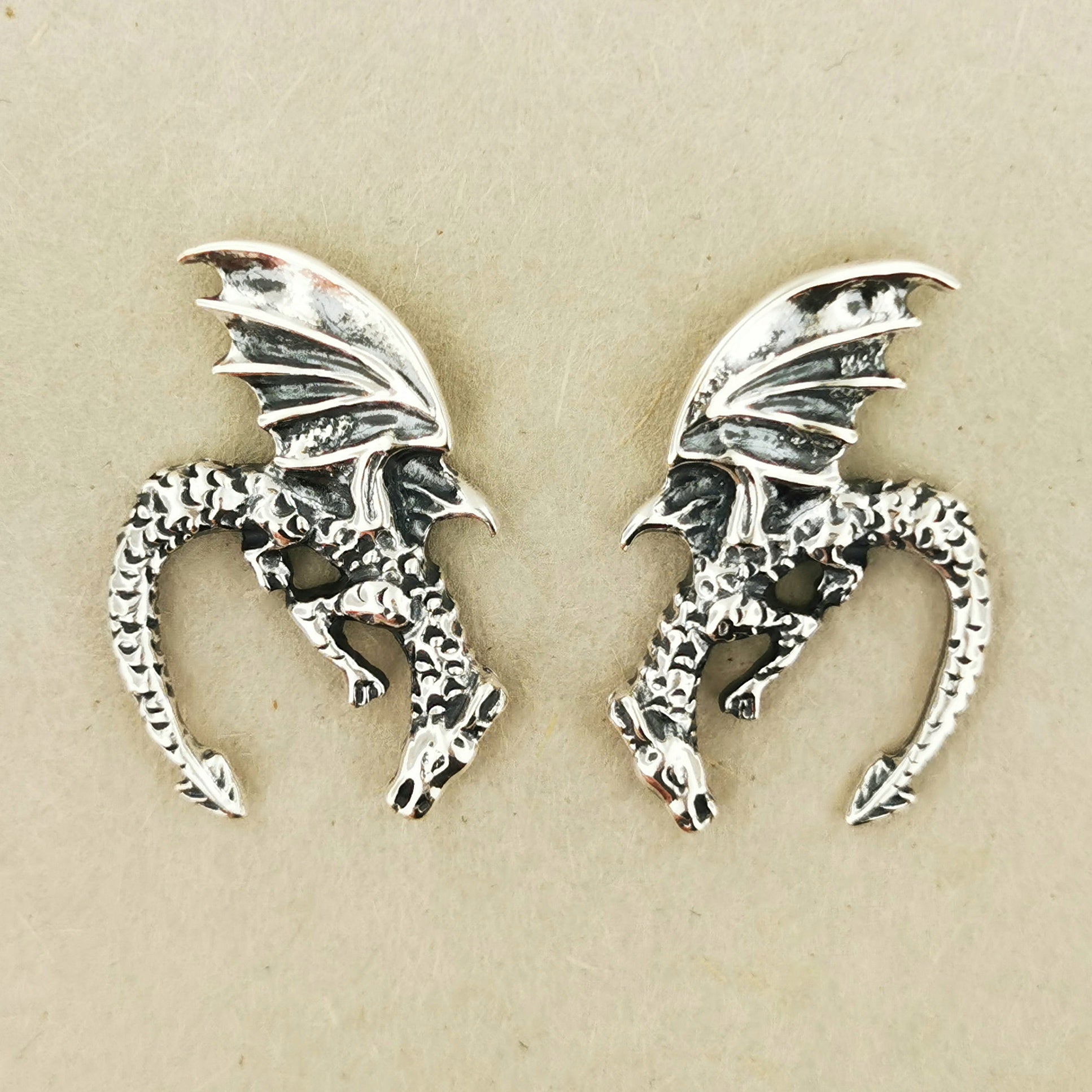 Handmade .925 Sterling Silver Winged Dragon Earrings by Le Dragon Argenté  - Jewelry Design Featuring Diving Dragons, Symbolizing Courage, Protection, and the Pursuit of Dreams, Perfect for Mythical Lore Enthusiasts.