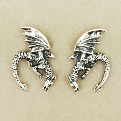 Handmade .925 Sterling Silver Winged Dragon Earrings by Le Dragon Argenté  - Jewelry Design Featuring Diving Dragons, Symbolizing Courage, Protection, and the Pursuit of Dreams, Perfect for Mythical Lore Enthusiasts.
