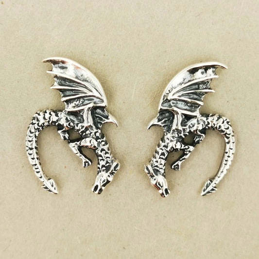 Handmade .925 Sterling Silver Winged Dragon Earrings by Le Dragon Argenté  - Jewelry Design Featuring Diving Dragons, Symbolizing Courage, Protection, and the Pursuit of Dreams, Perfect for Mythical Lore Enthusiasts.