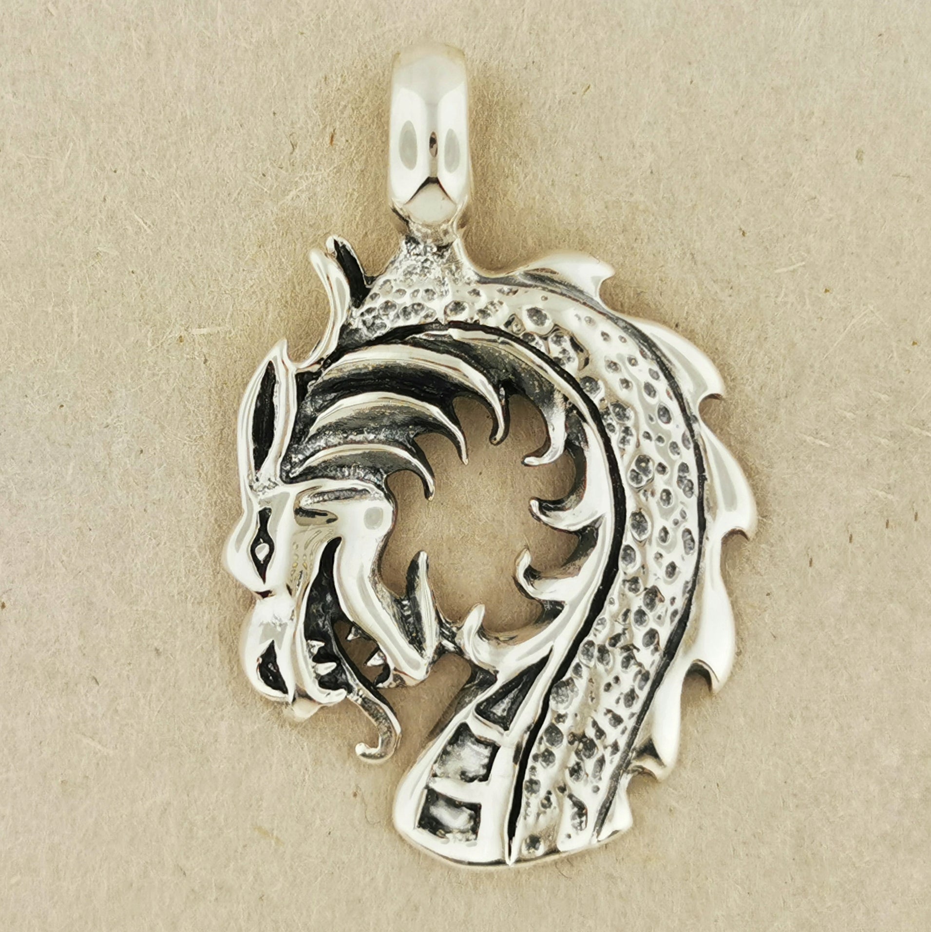 Dragon Head Pendant in Sterling Silver or Antique Bronze - Le Dragon Argenté