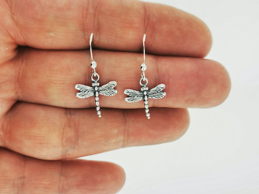 Dragonfly Charm Earrings in Sterling Silver or Antique Bronze - Le Dragon Argenté