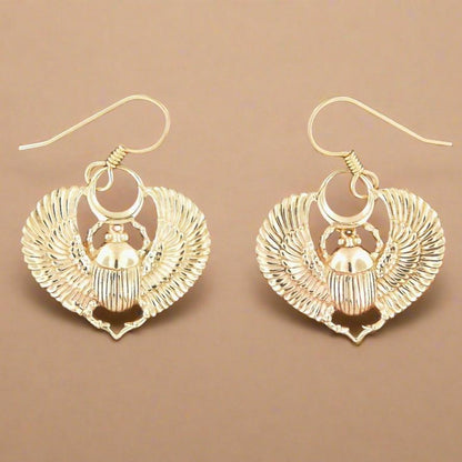 Egyptian Winged Scarab Earrings in Sterling Silver or Antique Bronze - Le Dragon Argenté