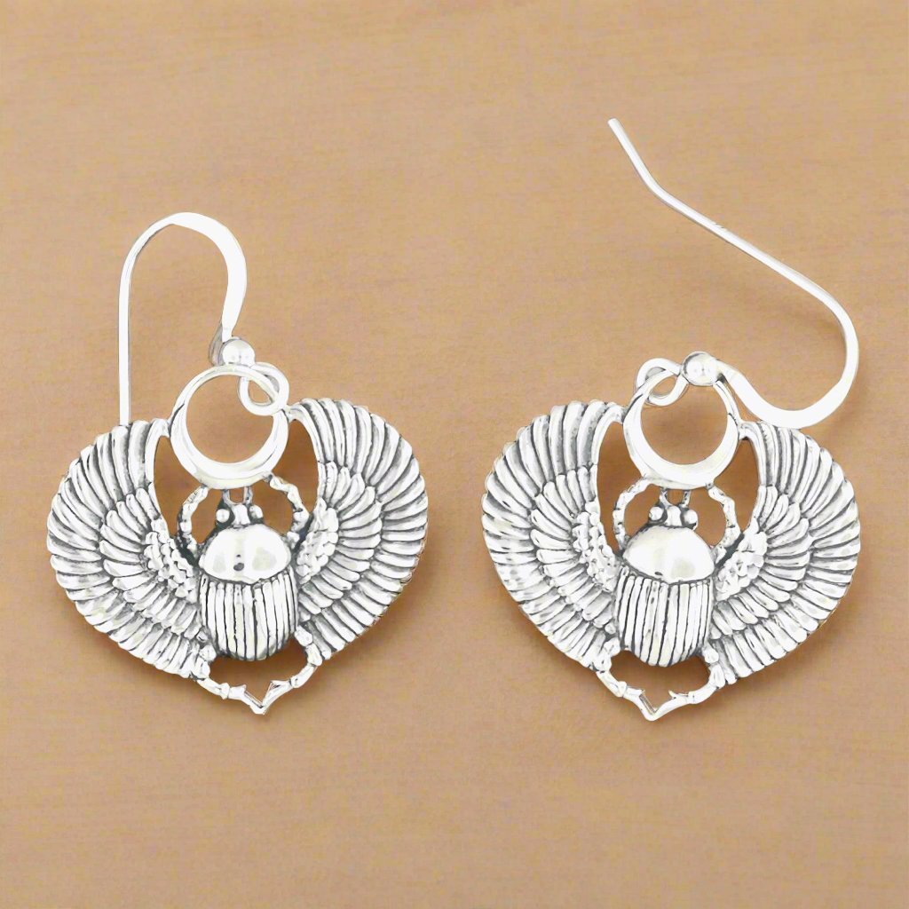 Egyptian Winged Scarab Earrings in Sterling Silver or Antique Bronze - Le Dragon Argenté