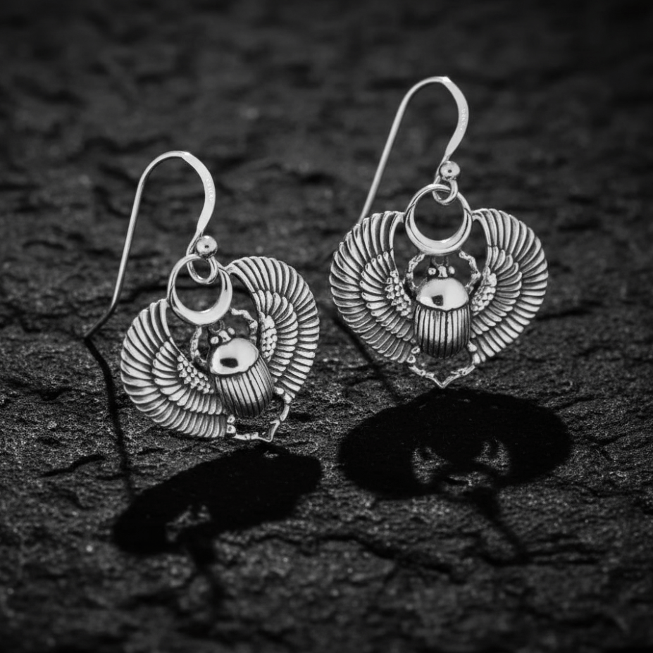 Handmade Winged scarab beetle earrings inspired by ancient Egyptian jewellery, available in sterling silver, antique bronze, or stainless steel. These symbolic scarab talisman earrings represent protection, rebirth, and transformation. A meaningful accessory for mythology lovers, museum enthusiasts, and those who enjoy unique handcrafted historical-style jewellery.