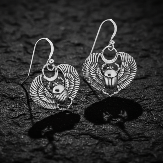 Handmade Winged scarab beetle earrings inspired by ancient Egyptian jewellery, available in sterling silver, antique bronze, or stainless steel. These symbolic scarab talisman earrings represent protection, rebirth, and transformation. A meaningful accessory for mythology lovers, museum enthusiasts, and those who enjoy unique handcrafted historical-style jewellery.