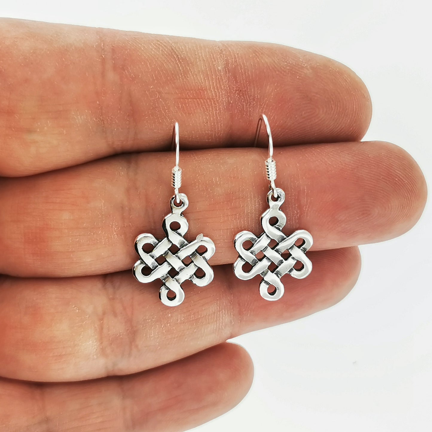 Small Endless Knot Earrings in Sterling Silver, Eternal knot Earrings, Shrivatsa Knot Earrings, Celtic Knot Earrings, Silver Endless Knot Earrings, Small Knot Earrings In Silver, Celtic Knot Earrings, Celtic Silver Jewellery