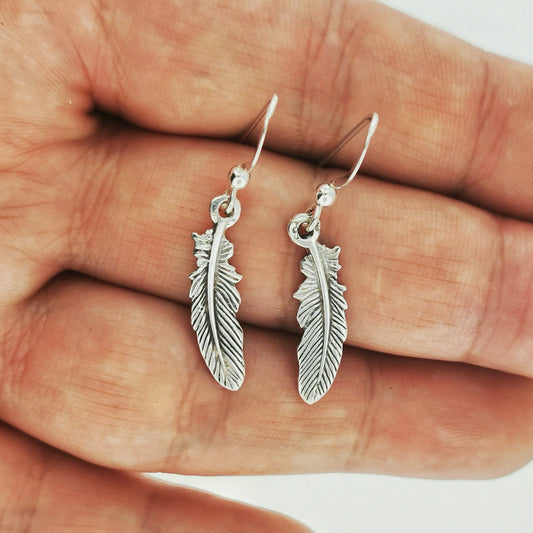 Feather Charm Earrings in Sterling Silver or Antique Bronze - Le Dragon Argenté