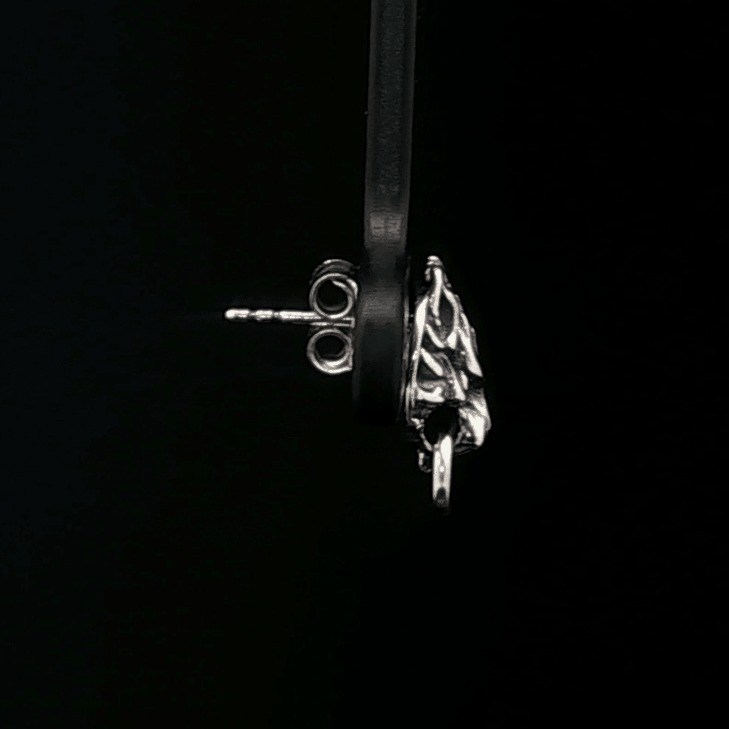 Handcrafted FF7 Fenrir stud earrings in sterling silver, inspired by Final Fantasy VII, featuring intricate wolf design for retro gamer fans and jewellery lovers alike.