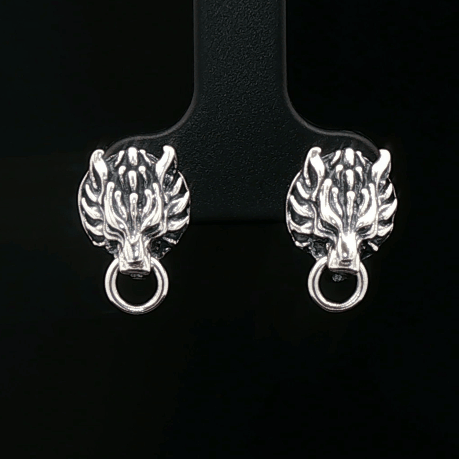 Handmade Sterling silver Fenrir wolf stud earrings inspired by Final Fantasy VII, minimalist gamer jewellery with sleek wolf design by Le Dragon Argenté