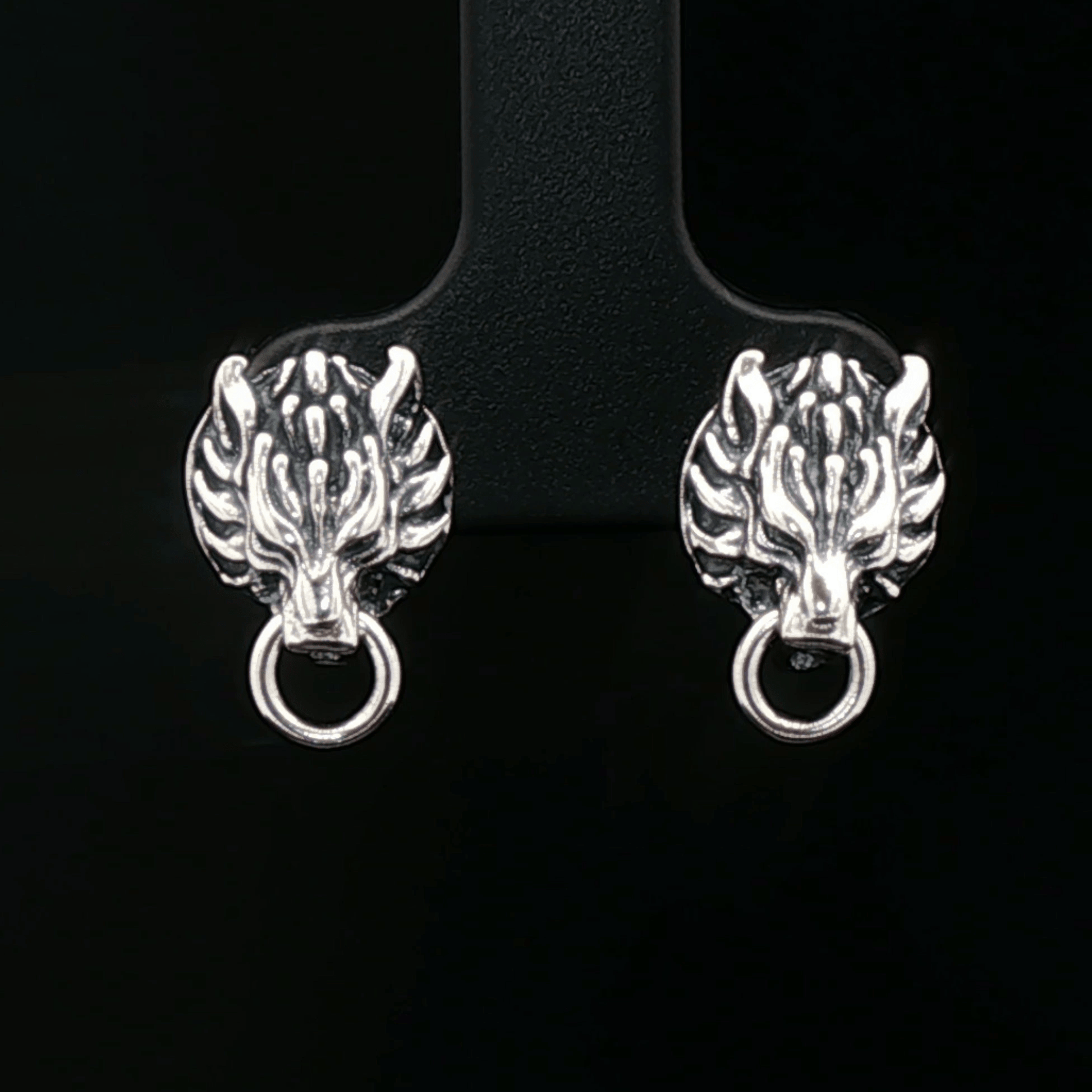 Handmade Sterling silver Fenrir wolf stud earrings inspired by Final Fantasy VII, minimalist gamer jewellery with sleek wolf design by Le Dragon Argenté
