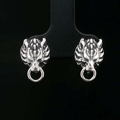 Handmade Sterling silver Fenrir wolf stud earrings inspired by Final Fantasy VII, minimalist gamer jewellery with sleek wolf design by Le Dragon Argenté