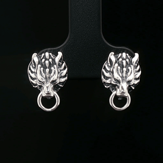 Handmade Sterling silver Fenrir wolf stud earrings inspired by Final Fantasy VII, minimalist gamer jewellery with sleek wolf design by Le Dragon Argenté