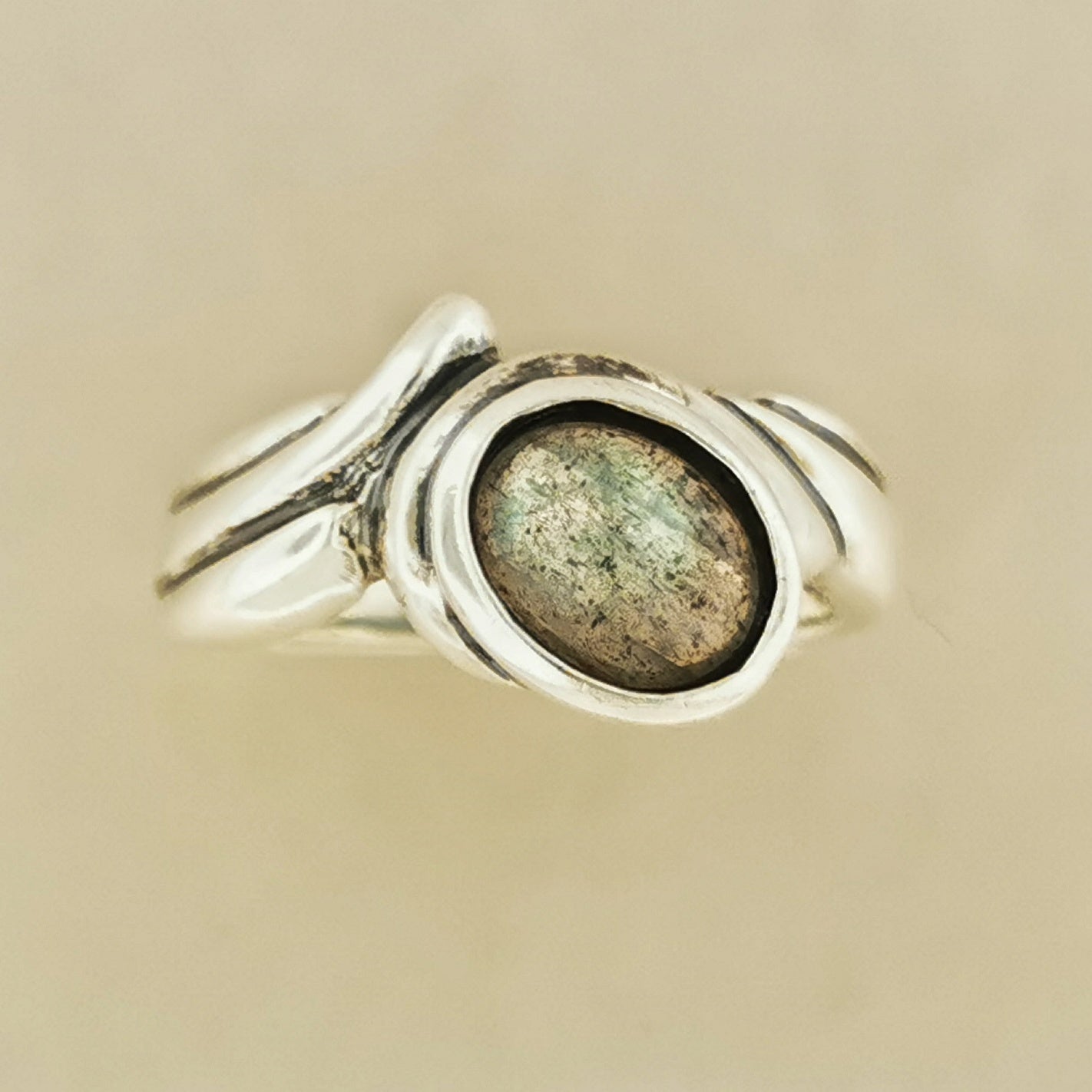 Freeform Geometric Ring with Oval Gemstone in Sterling Silver - Le Dragon Argenté