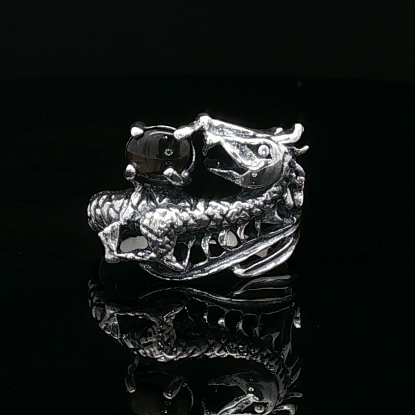 Gemstone Dragon Ring in sterling silver with black star sapphire by Le Dragon Argenté