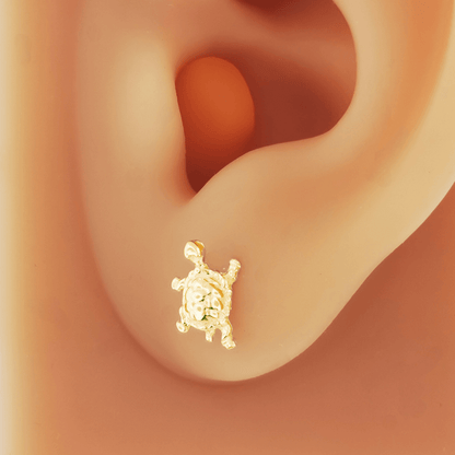 Handmade gold turtle earrings by Le Dragon Argenté available in 10k 14k or 18k solid yellow pink or white gold.