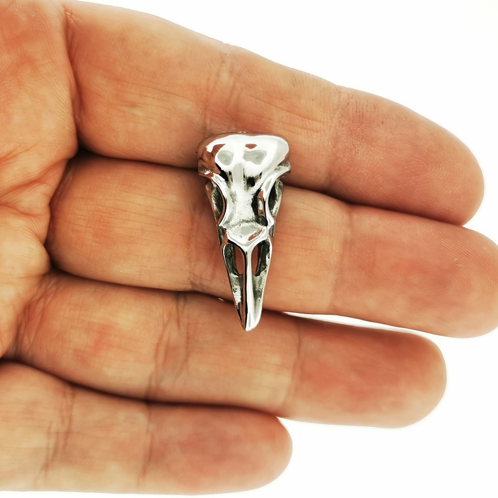 Silver bird skull pendant held in a hand against a white background. Dark aesthetic bird skull charm for fans of witchcraft and alt fashion
