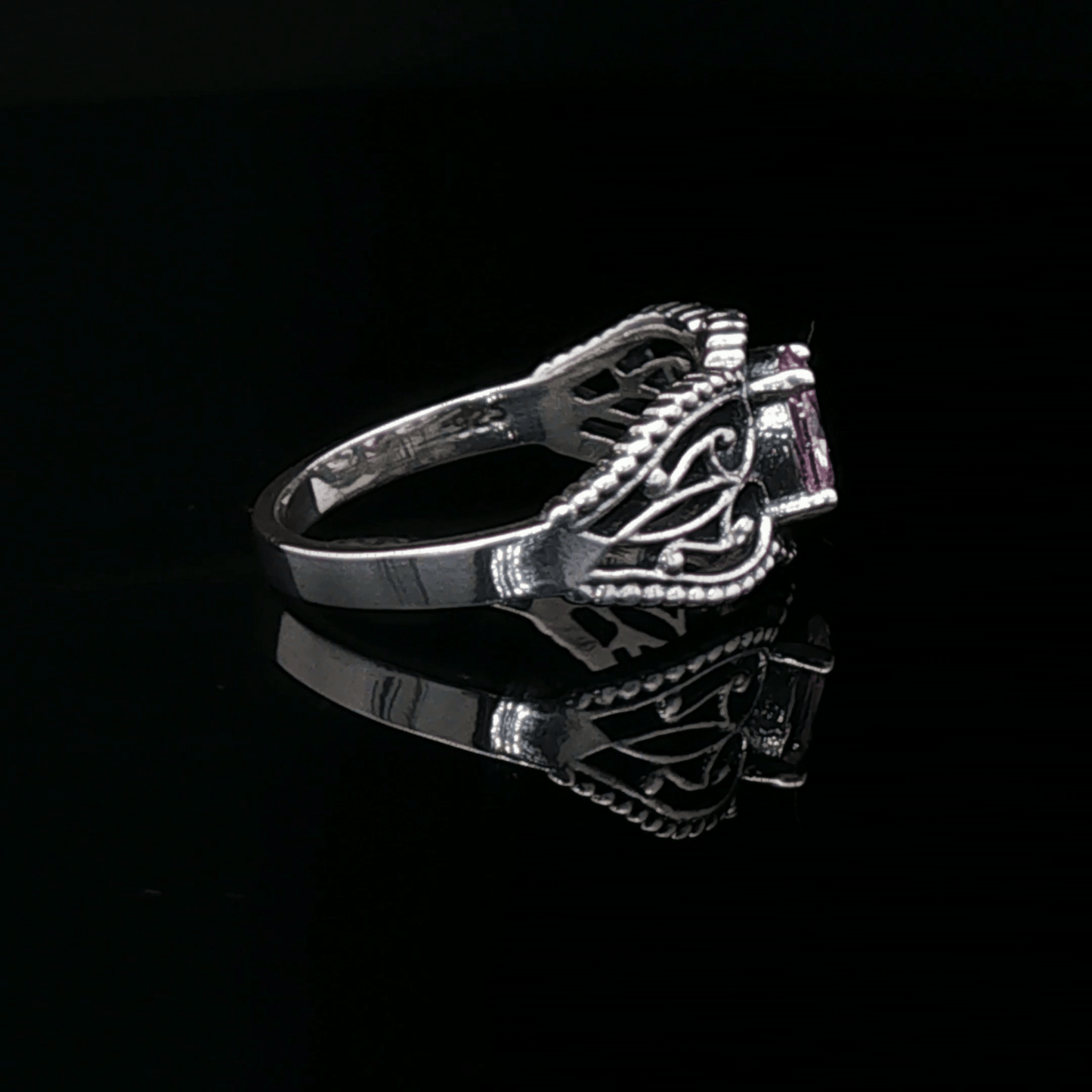 Gothic Style Filigree Birthstone Ring in Sterling Silver - Le Dragon Argenté