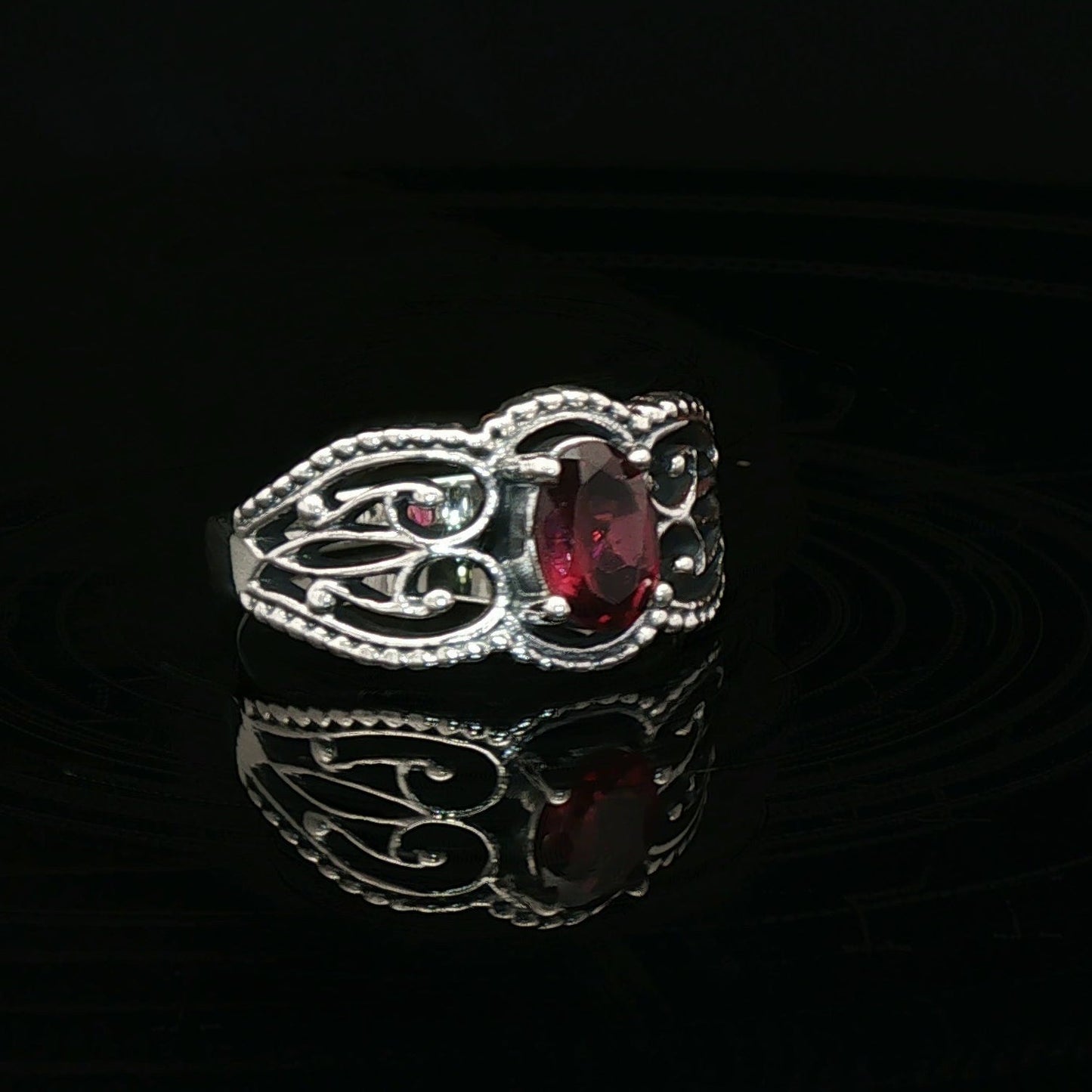 Gothic Style Filigree Ring with Gemstone in Sterling Silver - Le Dragon Argenté