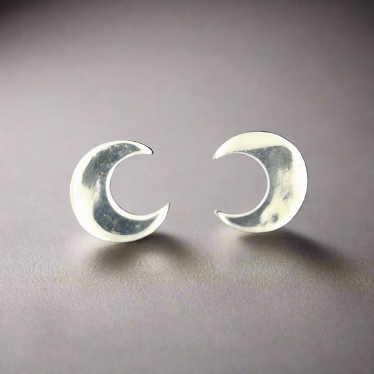 Handmade Crescent Moon Stud Earrings in Sterling Silver - Le Dragon Argenté