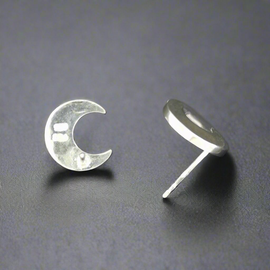 Handmade Crescent Moon Stud Earrings in Sterling Silver - Le Dragon Argenté