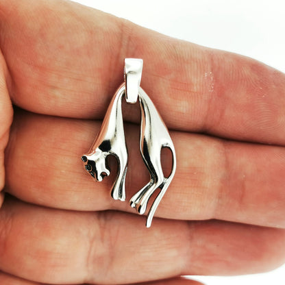 Hanging Cat Pendant in Sterling Silver with CZ Eye - Le Dragon Argenté - 1920s - animal jewelery - birthstone