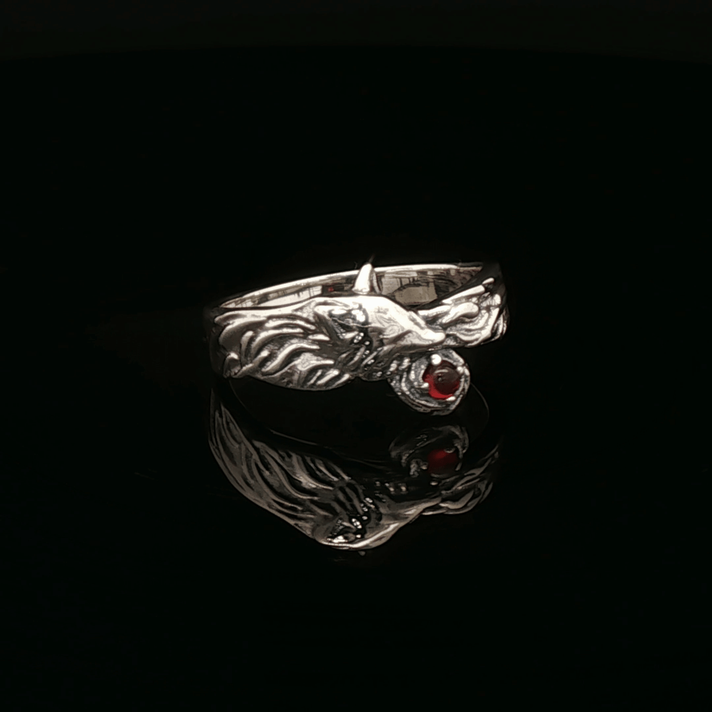 Kitsune Fox Gemstone Ring in Sterling Silver in Ruby - Le Dragon Argenté