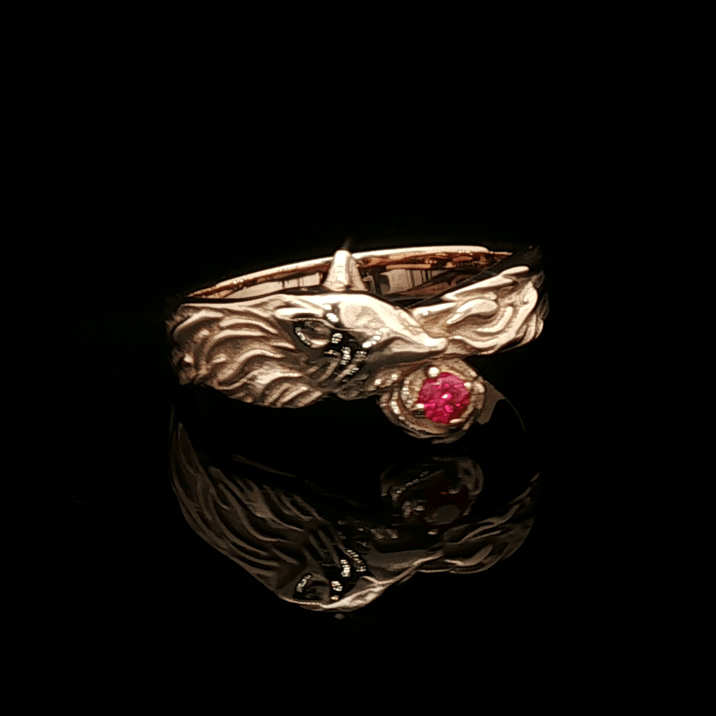 Kitsune Fox Gemstone Ring in Antique Bronze with Ruby - Le Dragon Argenté