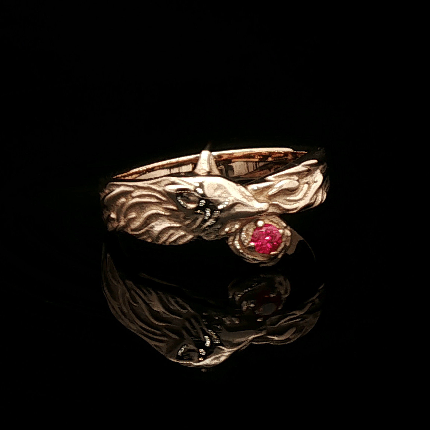 Kitsune Fox Gemstone Ring in Antique Bronze with Ruby - Le Dragon Argenté