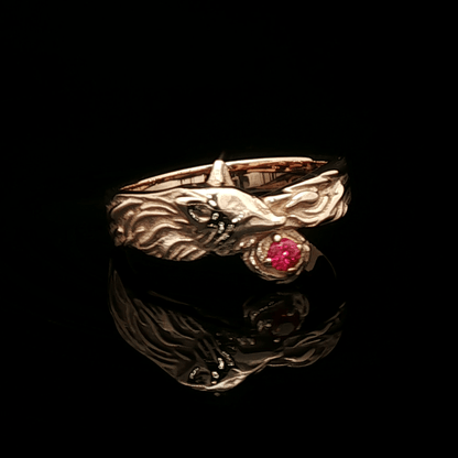 Kitsune Fox Gemstone Ring in Antique Bronze with Ruby - Le Dragon Argenté