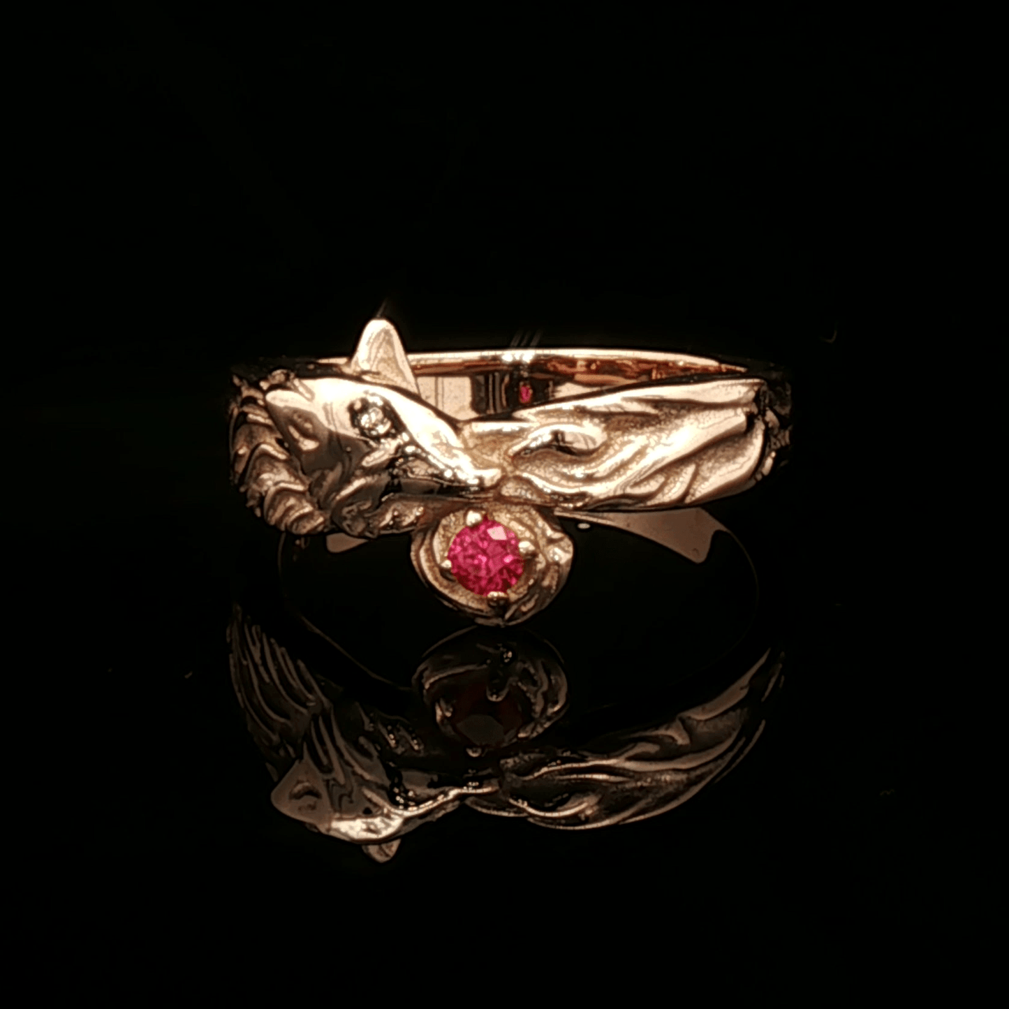 Kitsune Fox Gemstone Ring in Antique Bronze with Ruby - Le Dragon Argenté