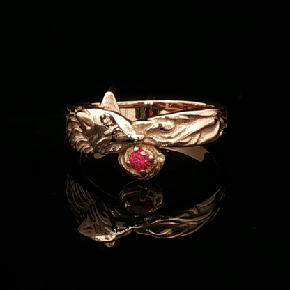 Kitsune Fox Gemstone Ring in Antique Bronze with Ruby - Le Dragon Argenté