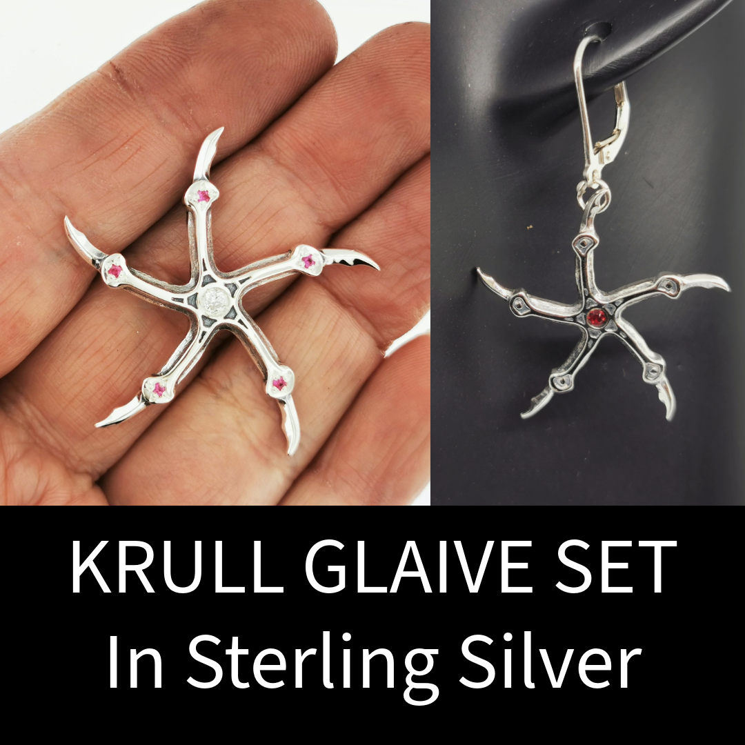 silver krull glaive jewellery set, krull glaive set, krull glaive jewellery, 80s movie jewelry, 80s movie jewellery, scifi jewellery, scifi jewelry, krull pendant, krull earrings, silver krull jewelry, silver krull jewellery, sterling silver krull earrings, sterling silver krull pendant