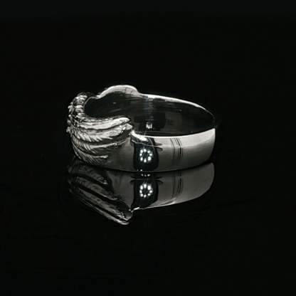 Ladies stainless steel Griever ring inspired by Final Fantasy VIII, bold lion emblem jewellery with a moody, iconic style by Le Dragon Argenté