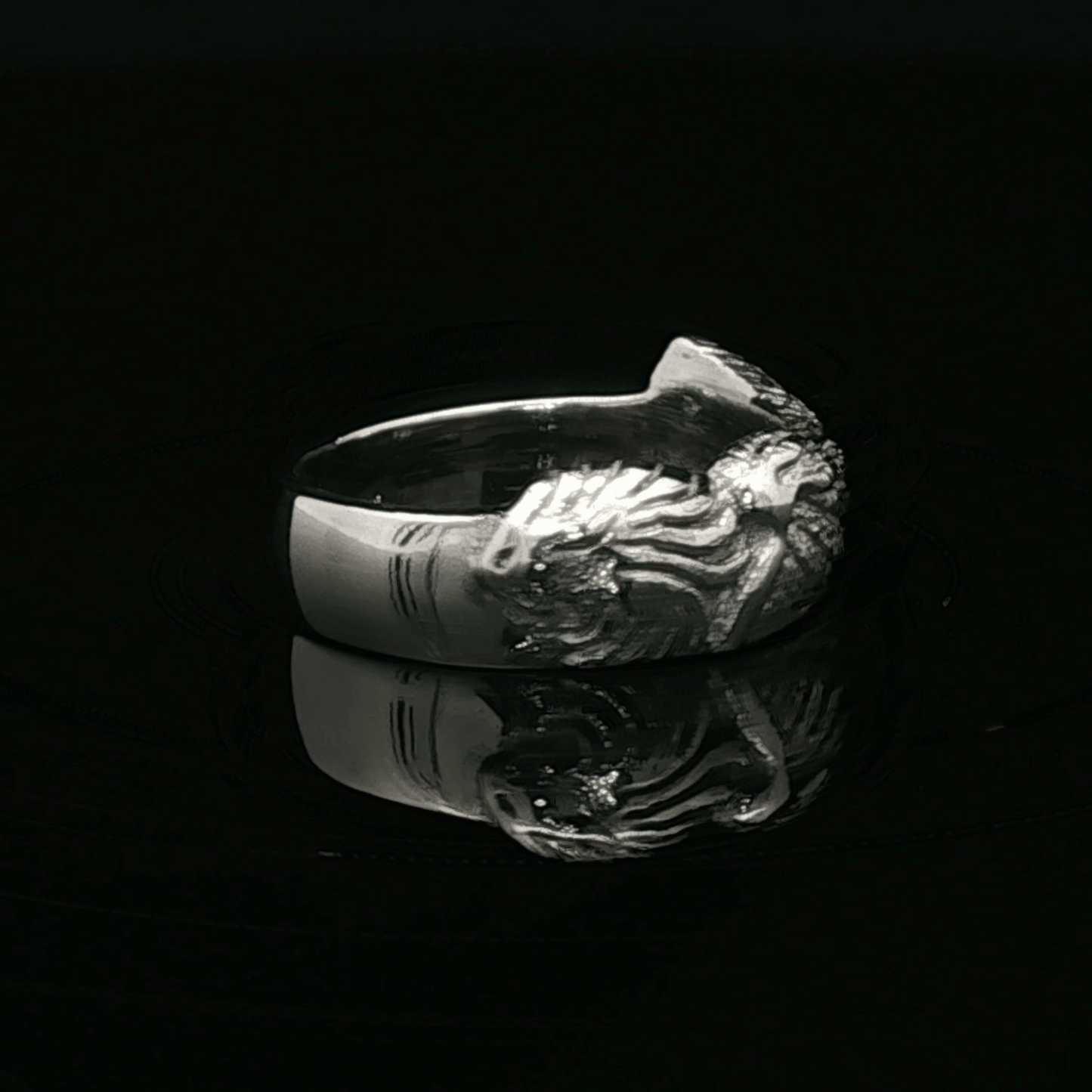 Ladies stainless steel Griever ring inspired by Final Fantasy VIII, bold lion emblem jewellery with a moody, iconic style by Le Dragon Argenté