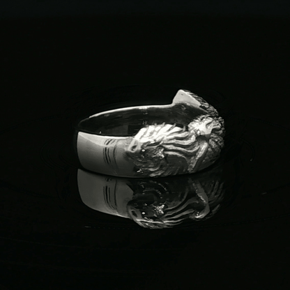 Ladies stainless steel Griever ring inspired by Final Fantasy VIII, bold lion emblem jewellery with a moody, iconic style by Le Dragon Argenté