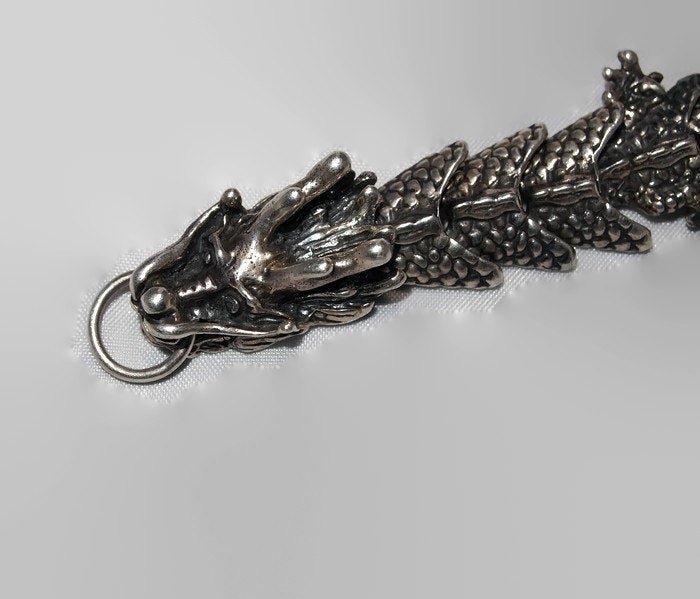 Large Asian Dragon Bracelet in Sterling Silver or Antique Bronze made to order - Le Dragon Argenté