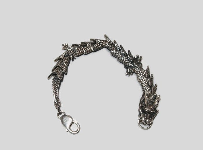 Large Asian Dragon Bracelet in Sterling Silver or Antique Bronze made to order - Le Dragon Argenté