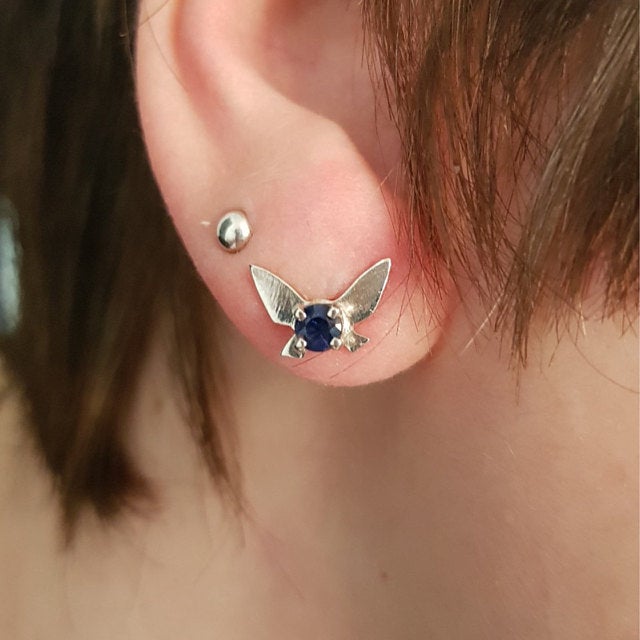 Legend of Zelda Navi Fairy Earrings in Sterling Silver with Sapphire gemstones on ear - Le Dragon Argenté - Bestseller - gemstone earrings - fairy earrings