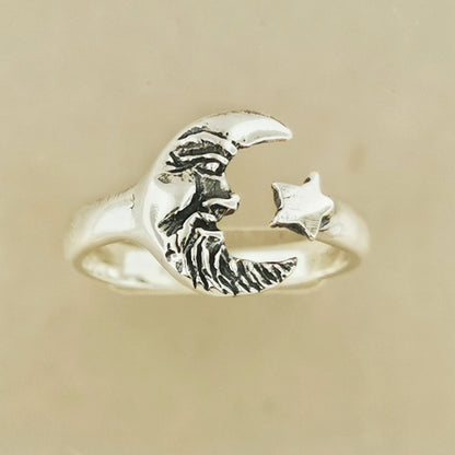 Bague réglable Man In The Moon en argent sterling ou bronze antique