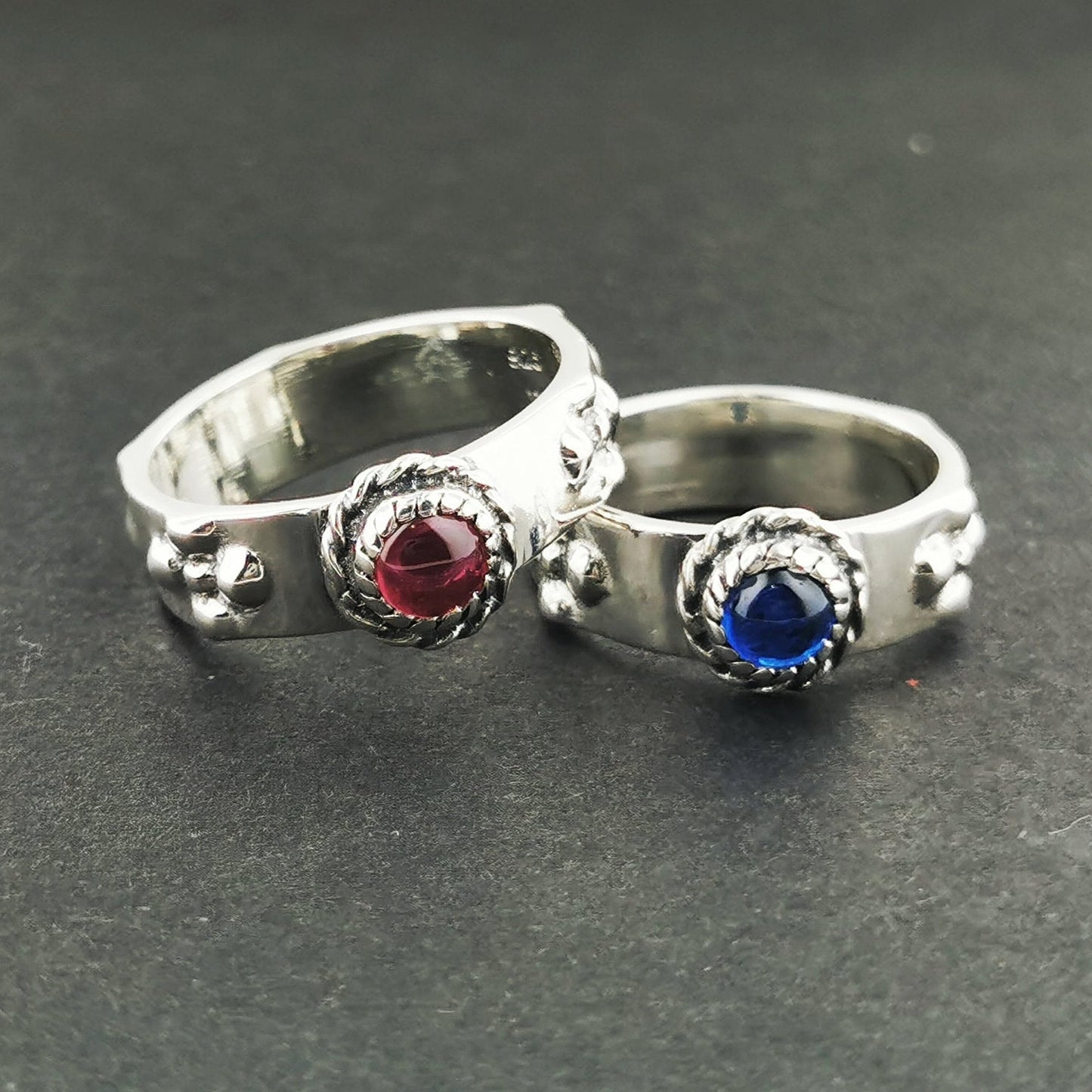 Matching Howl and Sophie Rings in Sterling Silver with Cabochon Birthstones - Le Dragon Argenté