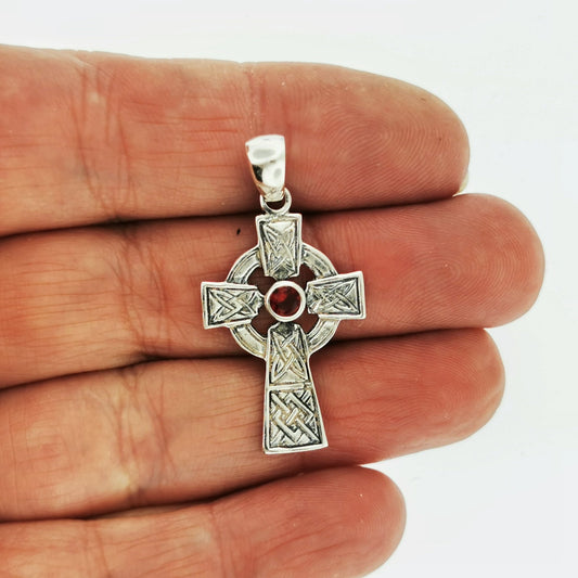 Medium Celtic Cross Pendant with Gemstone in Sterling Silver or Antique Bronze - Le Dragon Argenté