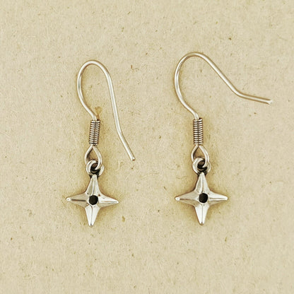 Ninja Shuriken Throwing Star charm earrings inspired by Japanese ninja weapons and anime cosplay. Available in .925 sterling silver, antique bronze, and stainless steel options. Handcrafted dangle earrings for gamers, anime lovers, and geeks who love unique Japanese-inspired accessories. Stylish gift for cosplay or everyday wear.