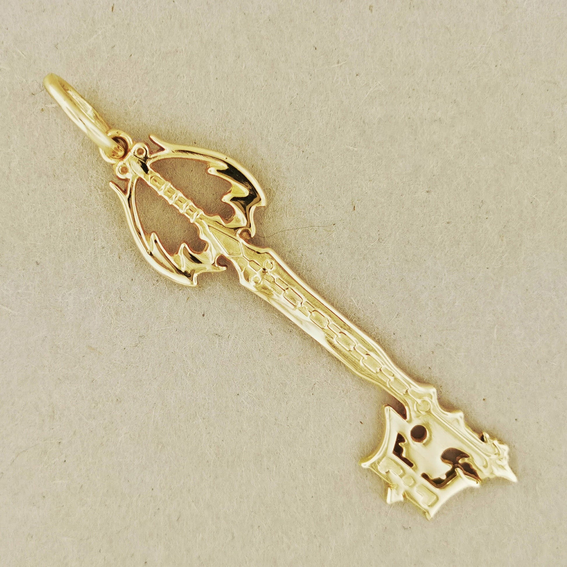 Kingdom Hearts Oblivion Keyblade Pendant in Yellow Gold, KH Keyblade Pendant, Gold Video Game Pendant, Gold Oblivion keyblade pendant, gold kingdom hearts jewelry, gold kingdom hearts pendant, kingdom hearts cosplay, video game jewelry, video game pendant, gold keyblade, gold keyblade pendant