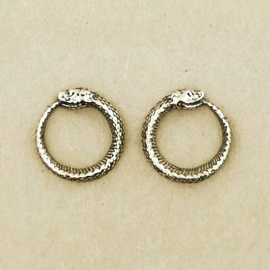 Ouroboros Stud Earrings in Sterling Silver by Le Dragon Argenté – symbolic serpent design representing infinity, rebirth, and ancient myth in a sleek, handcrafted style.